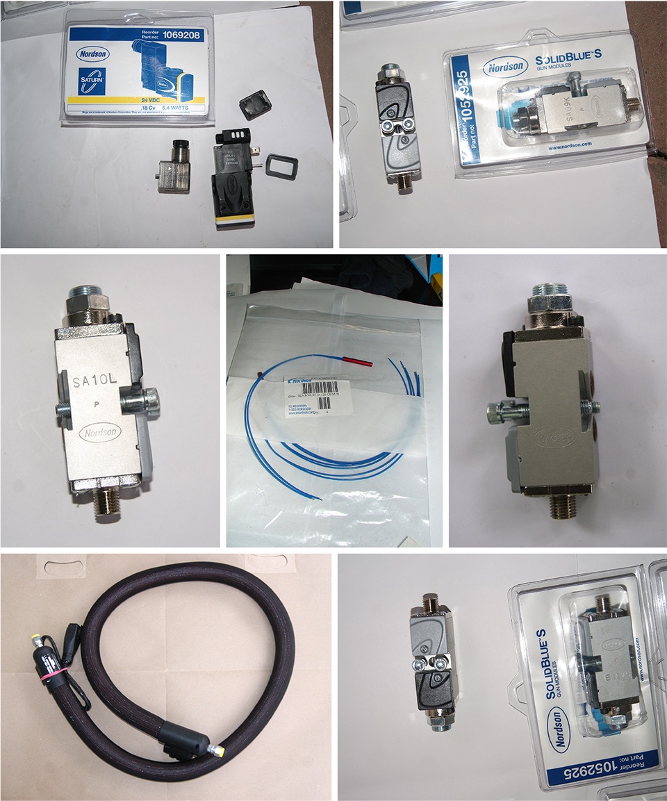 Một số thiết bị Nordson: van điện từ Saturn, module súng SolidBlue S, ống dẫn keo